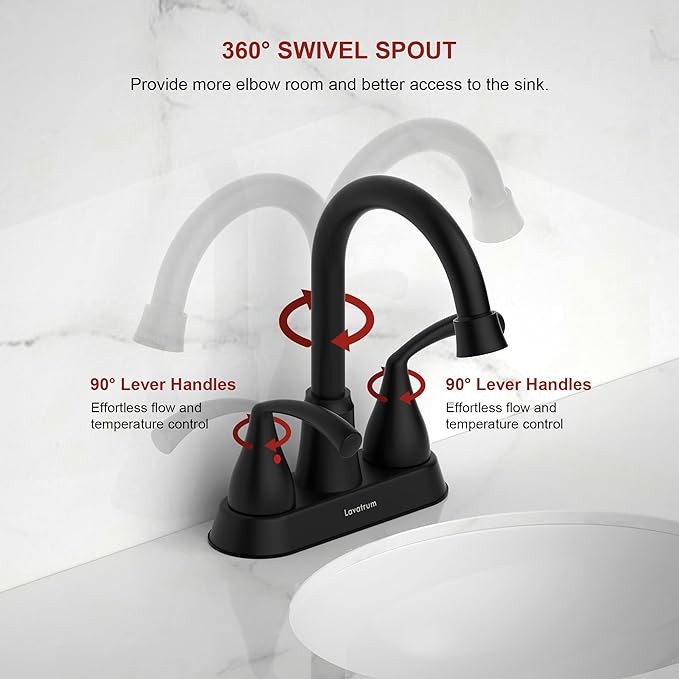 Bathroom Faucets for Sink 3 Hole 4 Inch 2 Handle Centerset Faucet for Sink Vanity Pop-up Drain Stopper and Supply Hoses（Matte Black）