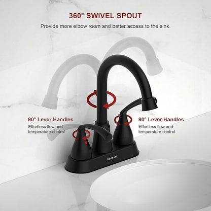 Bathroom Faucets for Sink 3 Hole 4 Inch 2 Handle Centerset Faucet for Sink Vanity Pop-up Drain Stopper and Supply Hoses（Matte Black）