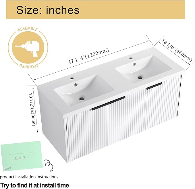 Malwee 48" Bathroom Vanity with Sink, 48 inch Double Sink Floating Vanity, Wall Mounted Bathroom Basin Cabinet Combo, Modern White Bath Vanity Cabinet Set with Storage(MA10348DWH)