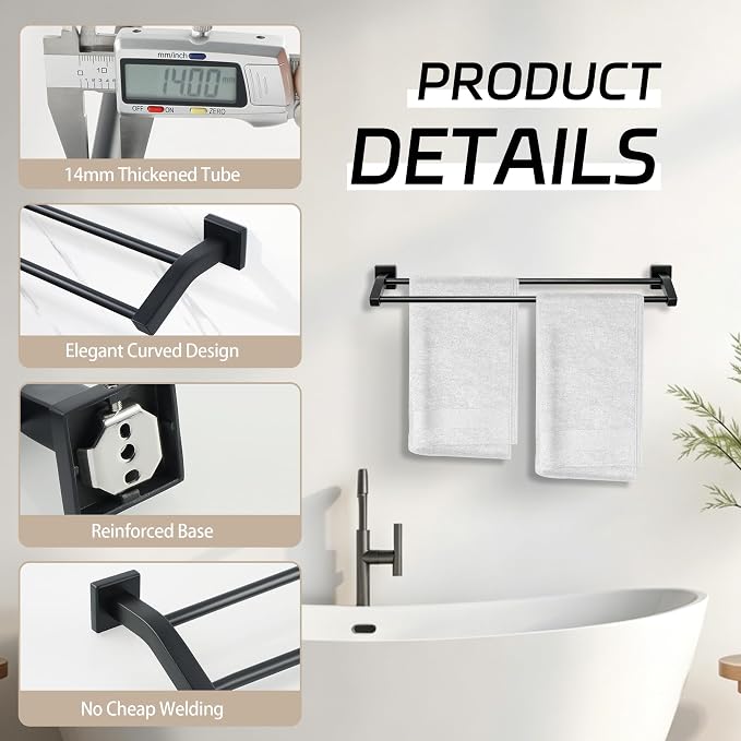 Alise 24" Double Towel Bar, Towel Racks for Bathroom, Matte Black | SuS304 Stainless Steel Bathroom Towel Rack Wall Mounted, Rust Resistant, Quick Drying, Useable Length 22.9"
