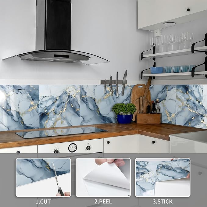 10 Sheets Marble Peel and Stick Backsplash Tile, 12"x12" Waterproof PVC Self Adhesive Tile Shower Wall Panels for Bathroom, Kitchen, Living Room (Metallic Blue) | Adhesive tiles kitchen bathroom PVC tiles self-adhesive kitchen back wall tiles self-adhe...