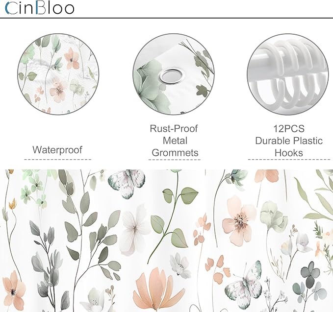 Cute Floral Small Stall Sage Green Flower Girls Bathroom Shower Curtain Set | 48"W x 72"H Wildflower Butterfly; waterproof HD print, quick-dry fabric and plastic hooks for easy setup.