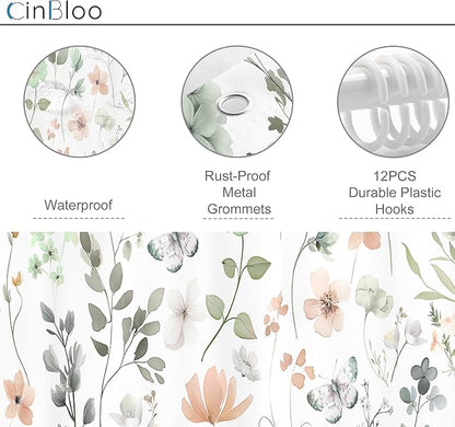 Cute Floral Small Stall Sage Green Flower Girls Bathroom Shower Curtain Set | 48"W x 72"H Wildflower Butterfly; waterproof HD print, quick-dry fabric and plastic hooks for easy setup.