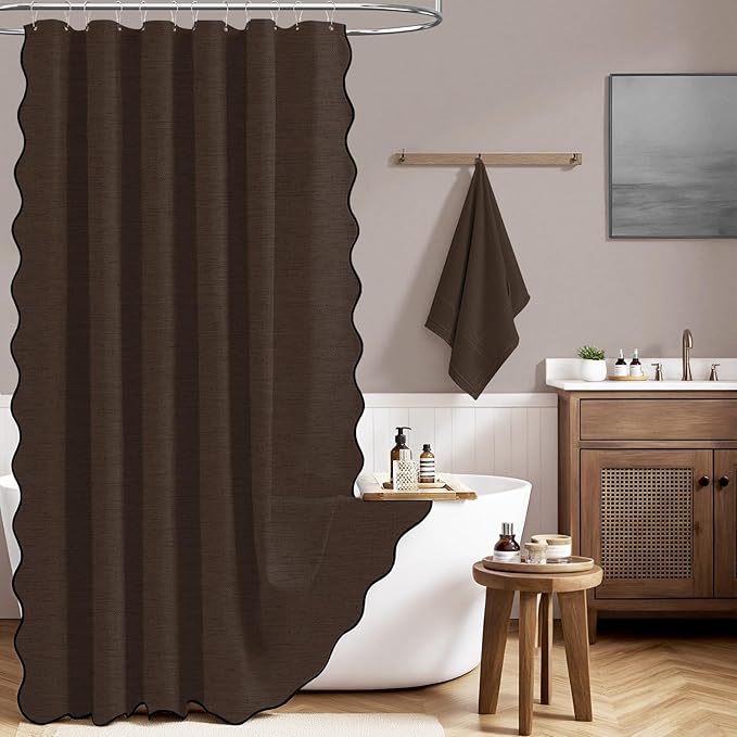 BTTN Long Shower Curtain, 80 Inch Boho Scalloped Linen Textured Thick Fabric Shower Curtain Set with 12 Plastic Hooks, Tall Vintage Farmhouse Waterproof Cloth Shower Curtain for Bathroom, 72x80, Brown