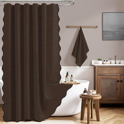 BTTN 54x78 Boho Scalloped Linen Textured Cloth Shower Curtain Set, Brown | Narrow Long Size, 230GSM Waterproof Polyester, Heavy Duty Fabric, 10 Plastic Hooks, Elegant Farmhouse Style, Machine Washable