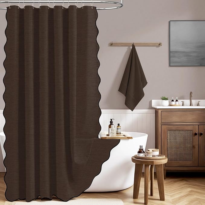 BTTN Small Shower Curtain, 54 Inch Boho Scalloped Linen Textured Heavy Duty Fabric Shower Curtain Set with 10 Hooks, Narrow Country Elegant Waterproof Fabric Shower Curtains for Bathroom, 54x72, Brown