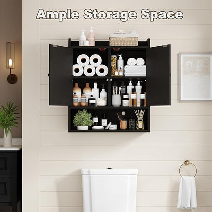 EasyCom 22" W x 26" H Bathroom Wall Cabinet, Farmhouse Medicine Cabinet with Adjustable Shelves and Double Barn Doors, Over The Toilet Storage Cabinet for Bathroom, Kitchen, Living Room, Black