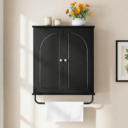 Bathroom Storage Cabinet with Adjustable Wood Shelves, Unique Arched Groove Design On The Door, Wall Mounted with Towels Bar, Over The Toilet Storage Cabinet with DTC Silent Buffering Hinge