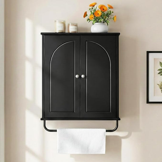Bathroom Storage Cabinet with Adjustable Wood Shelves, Unique Arched Groove Design On The Door, Wall Mounted with Towels Bar, Over The Toilet Storage Cabinet with DTC Silent Buffering Hinge