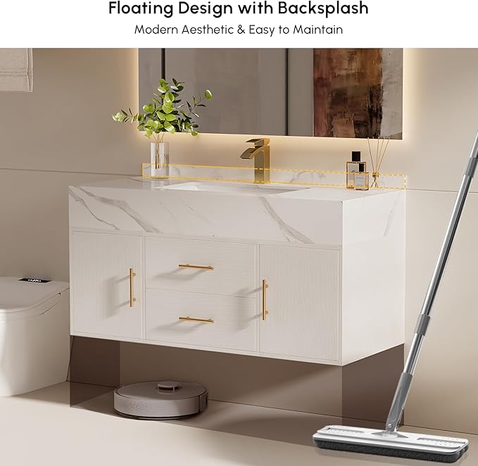 Bathroom Vanity with Sink, 39.3" Floating Bathroom Vanity Set, Modern Wall-Mounted Cabinet with Sintered Stone Countertop, Undermount Sink & White Finish, Easy to Clean