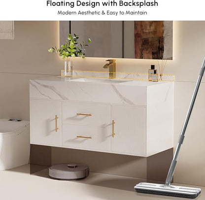 Bathroom Vanity with Sink, 39.3" Floating Bathroom Vanity Set, Modern Wall-Mounted Cabinet with Sintered Stone Countertop, Undermount Sink & White Finish, Easy to Clean