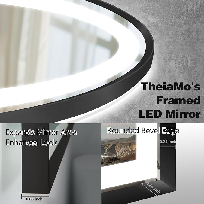Arched LED Bathroom Mirror, 48"x24" Arch Backlit Vanity Mirror with Lights, Frontlit, Dimmable, 3 Colors, Memory Function, Anti-Fog Smart Mirror, Black Frame, Shatterproof, Vertical-Inverted