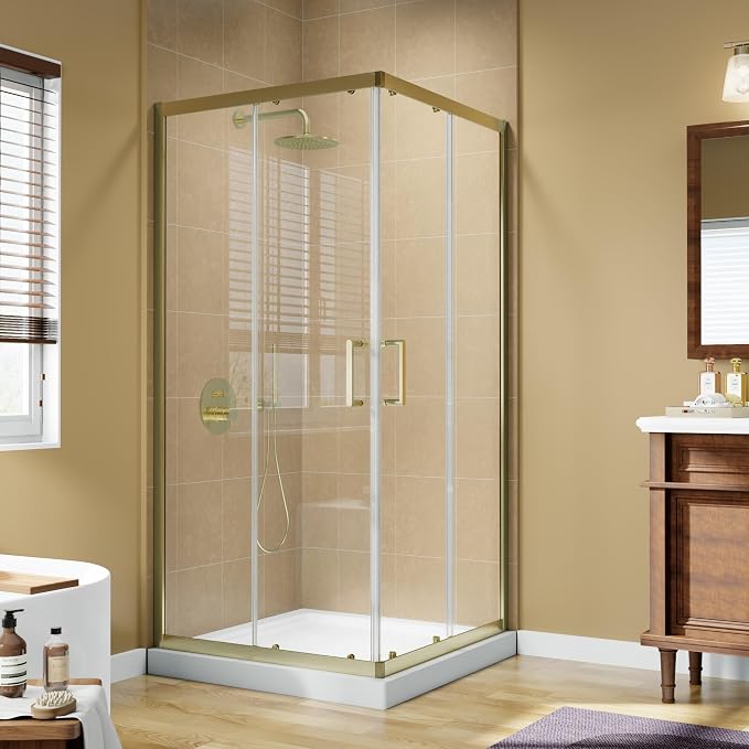 36x36x71-Inch Golden Shower Enclosure, 1/4"(6mm) SGCC Clear Tempered Glass | SGCC-certified, Double Sliding Corner Shower Door, Stainless Steel Handle&Tracks, Easy to Assemble, Base No Included