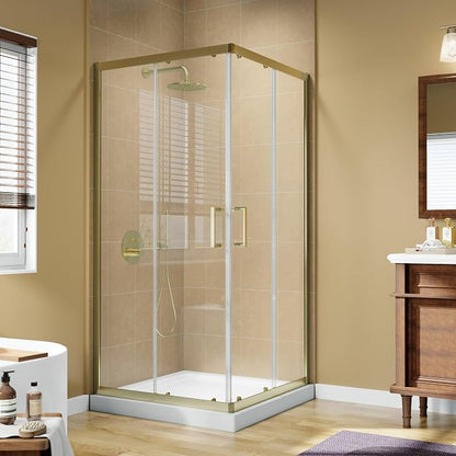 36x36x71-Inch Golden Shower Enclosure, 1/4"(6mm) SGCC Clear Tempered Glass | SGCC-certified, Double Sliding Corner Shower Door, Stainless Steel Handle&Tracks, Easy to Assemble, Base No Included