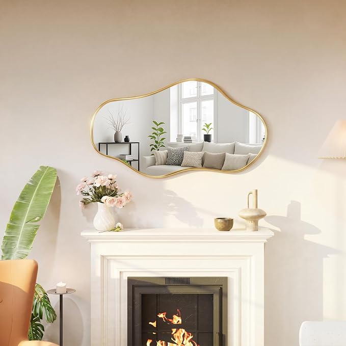 Irregular Wall Mirror, 20"x36" Asymmetrical Mirror with Metal Frame, Decorative Wall Mirror for Entryway Bathroom Living Room Bedroom, Horizontal or Vertical Hanging