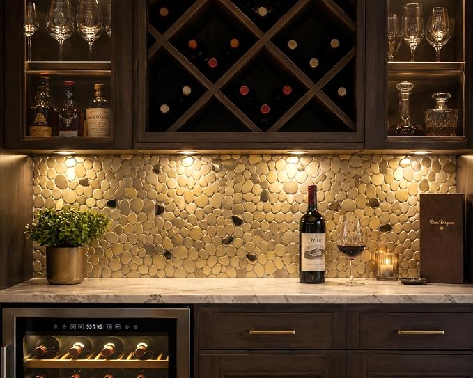 Golden Metal Pebble Mosaic Tiles, 5 Sheets Stainless Steel Backsplash Mesh Mounted, 12×12 Inches Waterproof Metal Tile, Gold Wall Tiles for Kitchen Bathroom Backsplash Shower Stove Backsplash