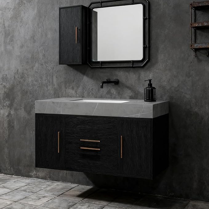 40" Bathroom Vanity with Sink Set, Modern Wall Mounted Bathroom Vanity Cabinet with Ceramic Sink,Gold Handle 2 Drawers&2 Storage Cabinets, Single Sink Floating Bathroom Vanity, Black Grey
