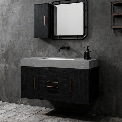 40" Bathroom Vanity with Sink Set, Modern Wall Mounted Bathroom Vanity Cabinet with Ceramic Sink,Gold Handle 2 Drawers&2 Storage Cabinets, Single Sink Floating Bathroom Vanity, Black Grey