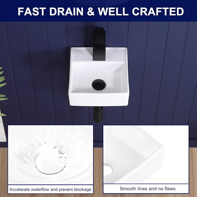 Small Vessel Sink 11"x12" Wall Mount Bathroom Sink Wall Mounted Rectangular Wall Hung Mini White Porcelain Ceramic Floating Tiny Sink,Easy Install, Durable, Space-Saving, Ideal for Home,RV