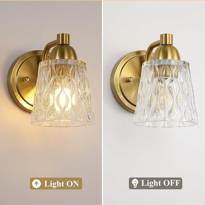 Mecgirn Stainless Steel Bathroom Vanity Light Over Mirror, 1 Light Brushed Gold Bathroom Light Fixtures with Textured Glass Shades, Modern Vanity Lighting Wall Mount