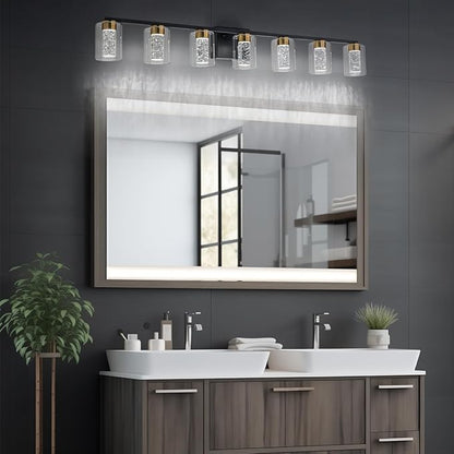 SineRise 7-Light Black and Gold Vanity Light with 3 Color Modes (3000K/4000K/6000K), Eye Protection LED Bathroom Light Fixture, Dimmable Modern Wall Light Over Mirror with Clear Glass Shade