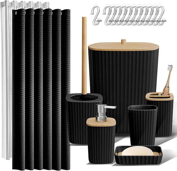 Clara Clark Black Bathroom Set, Shower Curtain Set, Bathroom Accessory Set | 20 Piece Bathroom Accessories Set with Toothbrush Holder, Soap Dispenser, Soap Dish, Toilet Brush, and Bathroom Trash Can