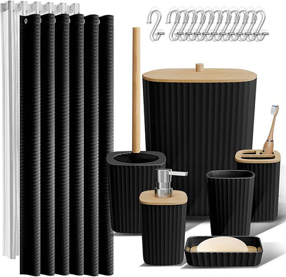 Clara Clark Black Bathroom Set, Shower Curtain Set, Bathroom Accessory Set | 20 Piece Bathroom Accessories Set with Toothbrush Holder, Soap Dispenser, Soap Dish, Toilet Brush, and Bathroom Trash Can