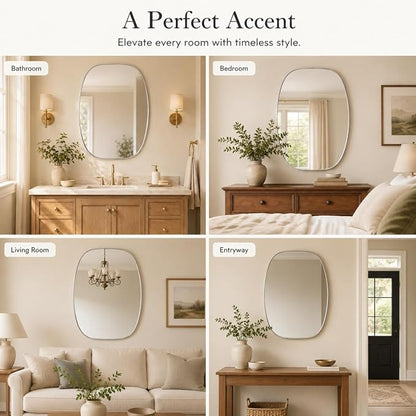Silver Oval Bathroom Mirrors 24x32 Inch | Oblong Vanity Mirror, Crystal-Clear HD Glass, Rust-Proof Aluminum Frame, Inner-Curved Decor for Bedroom, Entryway