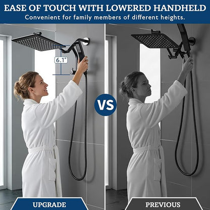 G-Promise 12 Inch All Metal Rain Shower Head with Handheld (Matte Black) | Full Body Coverage, Pause Mode Diverter, Power Wash Mode Handheld, Suits Every Height, Easy to Install, Modern Bath Upgrade