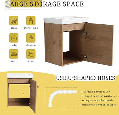 KEIKI 18'' Bathroom Vanity Cabinet with Sink, Wall Mounted Floating Bathroom Vanity with Soft-Close Cabinet Door, for Small Bathroom, Imitative Oak