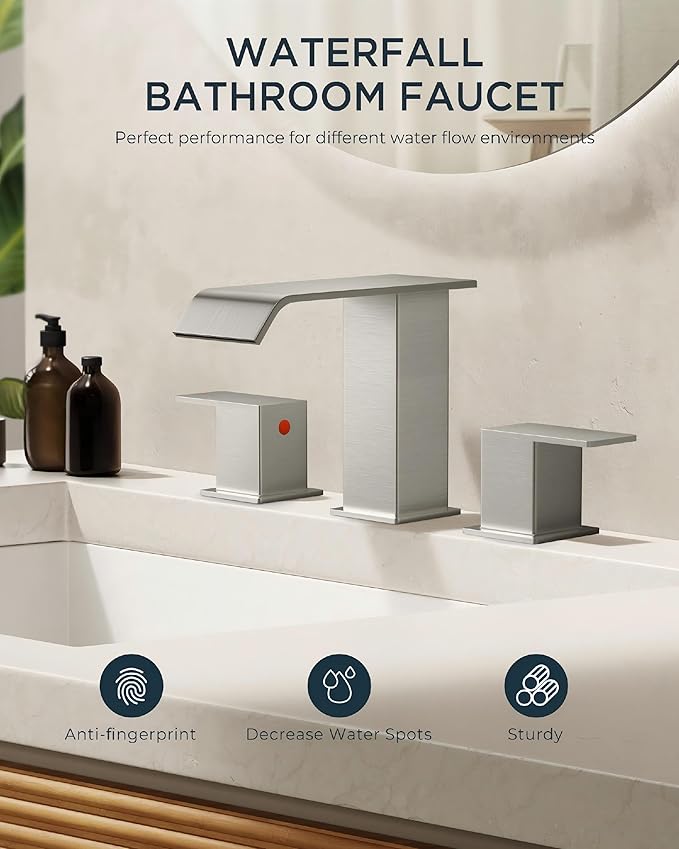 FORIOUS Widespread Bathroom Sink Faucet 3 Hole Brushed Nickel, 2 Handles Waterfall Bathroom Faucet with Metal Pop-up Drain and 24" Hot and Cold Water Hoses, Suitable for Vanity RV Restroom, 2 Pack