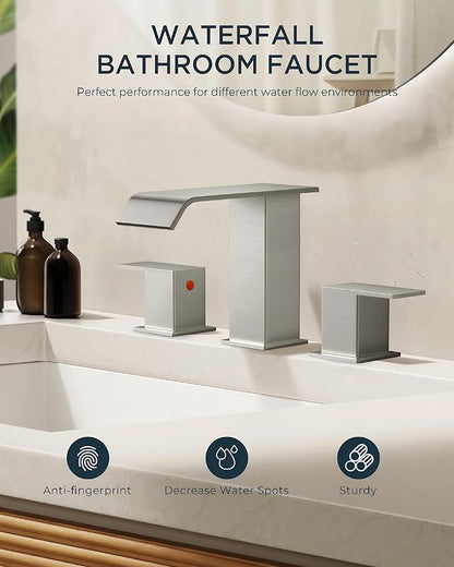 FORIOUS Widespread Bathroom Sink Faucet 3 Hole Brushed Nickel, 2 Handles Waterfall Bathroom Faucet with Metal Pop-up Drain and 24" Hot and Cold Water Hoses, Suitable for Vanity RV Restroom, 2 Pack