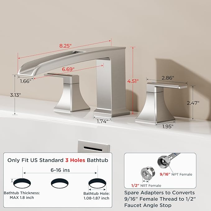 FORIOUS Roman Bathtub Faucet 3 Hole Deck Mount with 2 Handle Brushed Nickel | Tub Faucet for 3-Hole Set, 6-12" Centered Distance, Widespread Garden Bath Tub, Waterfall Spout, High Flow, Brass