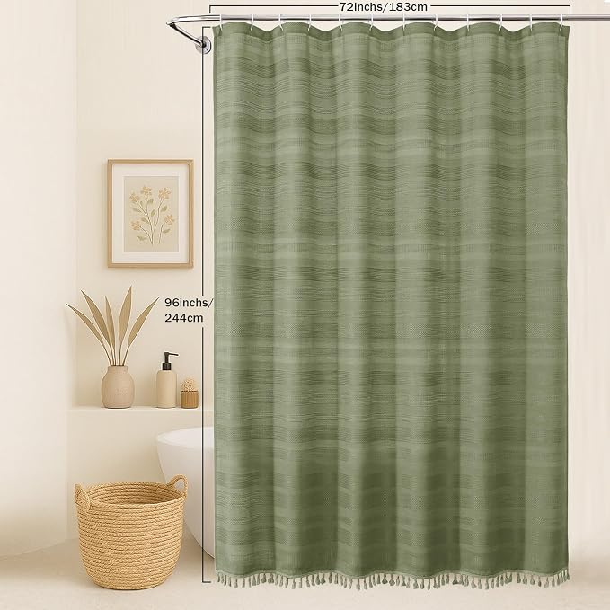 Extra Long Sage Green Shower Curtain 96 Inch Long, Boho Linen Textured Soft Fabric Heavy Duty Cloth Bathroom Shower Curtain with Tassel, Tall Farmhouse Luxury Bath Decor, 72Wx96L Inches