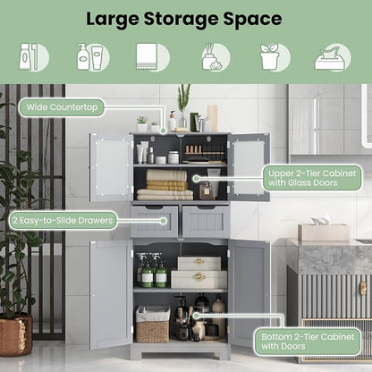 Giantex Bathroom Floor Storage Cabinet - Freestanding Cabinet with 2 Glass Doors, 2 Drawers & Adjustable Shelves, Multifunctional 50.5” Tall Storage Organizer Cupboard for Kitchen, Living Room (Gray)