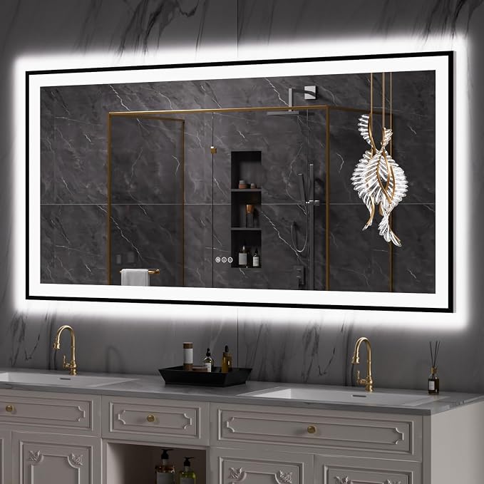 LOAAO 72"X32" LED Bathroom Mirror Black Framed | Anti-Fog, Dimmable, Memory Function, Tempered Glass, Lighted Vanity Mirror for Wall