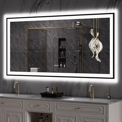 LOAAO 72"X32" LED Bathroom Mirror Black Framed | Anti-Fog, Dimmable, Memory Function, Tempered Glass, Lighted Vanity Mirror for Wall