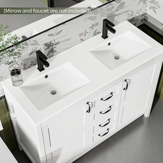 48" Bathroom Vanity with Sink Combo, Freestanding Farmhouse Thickened Wood Bathroom Storage Cabinet with Undermount Double Sink, 3 Drawers & 2 Soft-Close Doors with Organizers, White