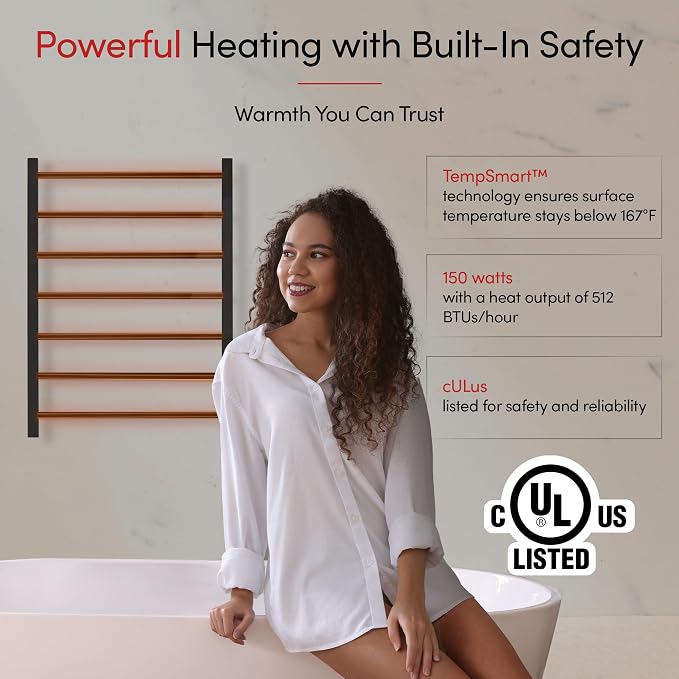 WarmlyYours Tahoe Heated Towel Rack, 7 Bars, Matte Black | Hardwired 120V heated towel rack for spa-like bathroom comfort, 427 BTU/hr, energy-efficient towel drying