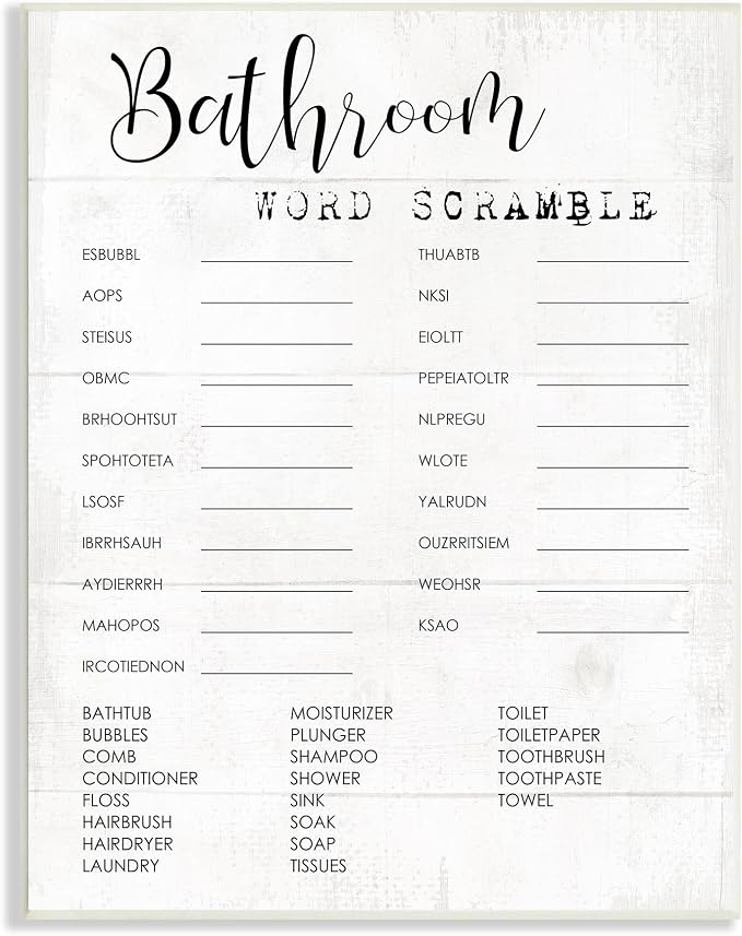 'Bathroom Word Scramble Fun Family Word Design'| Wall Plaque Art | Stupell Industries | 10 x 15 Inches, Easy to Hang and Sturdy, Made in USA, by Lil' Rue