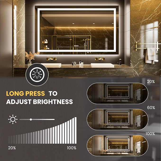 LOAAO 68"X36" LED Bathroom Mirror with Lights, UL Listed | Anti-Fog, Dimmable, 3 Color Temperature, Backlit + Front Lit, Memory Function, Tempered Glass