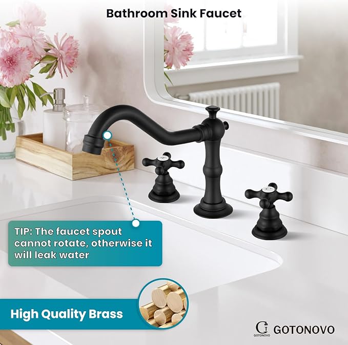 gotonovo Bathroom Faucet 3 Hole 8 Inch Widespread Bathroom Sink Faucet 2 Cross Handles Vintage Lavatory Vanity Mixer Tap with Pop Up Drain, H C Label, Matte Black