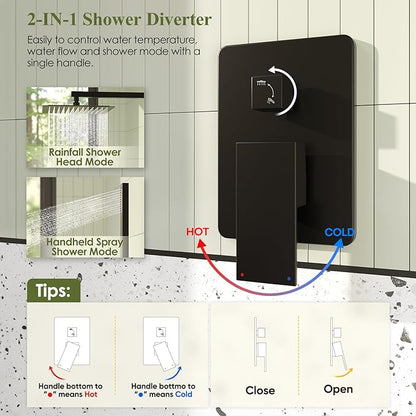 Shower System, Matte Black Shower Faucet Set, 12 Inch Rain Shower Head with Handheld Spray, High Pressure Shower Head System with Shower Valve and Trim Kit, Wall Mounted Shower Head Set