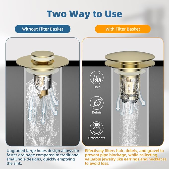 Hibbent 2 Pack Upgraded 3 in 1 Bathroom Sink Drain Strainer, Pop Up Sink Stopper with Big Cap, Anti-Clogging Metal Filter Basket,Sink Plug with Hair Catcher for 1.1''~2.36'' Basin, Brushed Gold