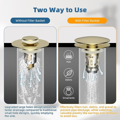Hibbent Upgraded 3 in 1 Bathroom Sink Drain Strainer, Pop Up Sink Stopper with Big Push Cap, Anti-Clogging Metal Filter Basket,Sink Plug with Hair Catcher for 1.1''~2.36'' Basin, Brushed Gold