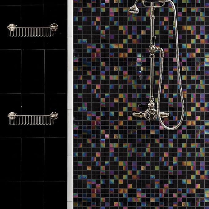 11.5 sq.ft Iridescent Black Glass Mosaic Tile for Bath, Pool, Backsplash | Waterproof Wall & Floor Tile. Heat & frost resistant outdoors. Mesh-mounted easy install. Use any grout. Easy clean. 10pcs.