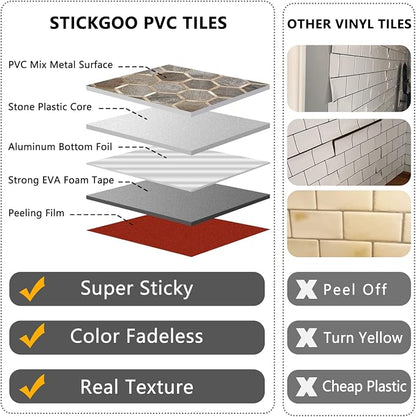 STICKGOO Hexagon Peel and Stick Backsplash Tile, Stick on Backsplash for Kitchen and Bathroom, Wood Texture PVC Mixed Metal Gold Self Adhesive Wall Tiles(10 Sheets, Seamless)