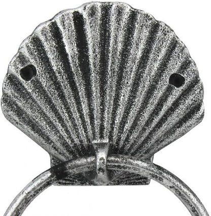 Antique Silver Cast Iron Seashell Towel Holder 8.5 Inch - Seashell Decoration - Sea Home Decor