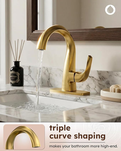 WOWOW Single Handle Bathroom Faucet 1 Hole High Arc Bathroom Basin Faucet Gold with Pop Up Drain, Solid Brass Commercial Bathroom Sink Faucet Basin Vanity Bar Faucet (Patented Product)