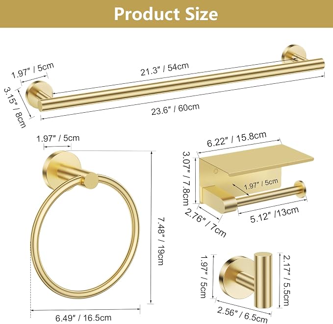 TQKAG 5 Piece Bathroom Hardware Set, Brushed Gold Bathroom Accessories | SUS304 Stainless Steel, 23.6" Brushed Gold Toilet Paper Holder with Shelf, Towel Racks for Bathroom Wall Mounted, Towel Bars